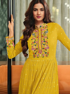 Rajwada Women Faux Georgette Party Wear Salwar Kameez In Yellow Semi Stitched Anarkali