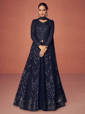 Rajwada Women Blue Georgette Embroidered Semi Stitched Anarkali Suit Party Wear