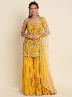 Rajwada Women Yellow Floral Sequence Embroidered Georgette Unstitched Sharara Suit