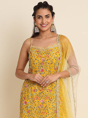 Rajwada Women Yellow Floral Sequence Embroidered Georgette Unstitched Sharara Suit