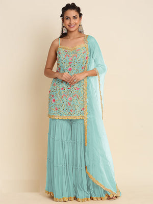 Rajwada Women Blue Floral Sequence Embroidered Georgette Unstitched Sharara Suit