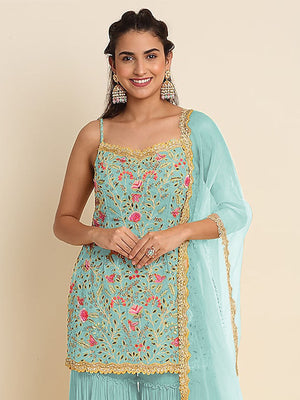 Rajwada Women Blue Floral Sequence Embroidered Georgette Unstitched Sharara Suit