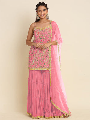 Rajwada Women Pink Floral Sequence Embroidered Georgette Unstitched Sharara Suit