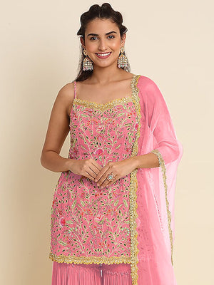 Rajwada Women Pink Floral Sequence Embroidered Georgette Unstitched Sharara Suit