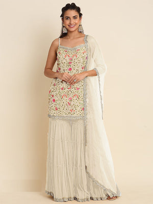 Rajwada Women Apricot Floral Sequence Embroidered Georgette Unstitched Sharara Suit