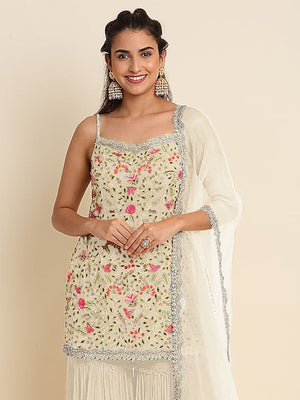 Rajwada Women Apricot Floral Sequence Embroidered Georgette Unstitched Sharara Suit