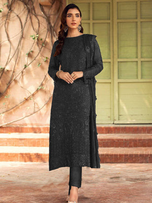 Rajwada Women Black Embroidered Georgette Semi Stitched Suit