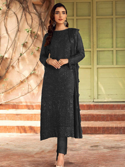 Rajwada Women Black Embroidered Georgette Semi Stitched Suit