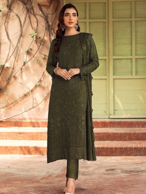 Rajwada Women Olive Green Embroidered Georgette Semi Stitched Suit
