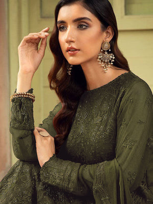 Rajwada Women Olive Green Embroidered Georgette Semi Stitched Suit