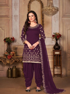 Rajwada Women Violet Embroidered Faux Georgette Patiala Semi Stitched Suit