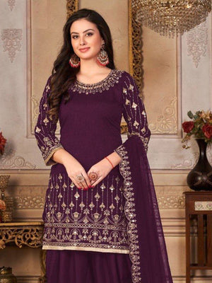 Rajwada Women Violet Embroidered Faux Georgette Patiala Semi Stitched Suit