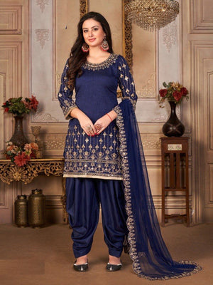 Rajwada Women Dark Blue Embroidered Faux Georgette Patiala Semi Stitched Suit