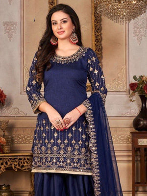 Rajwada Women Dark Blue Embroidered Faux Georgette Patiala Semi Stitched Suit