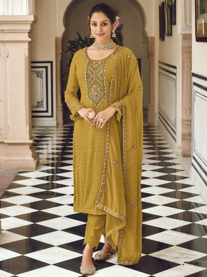 Rajwada Women Mustard Sequence Embroidered Georgette Salwar Semi Stitched Suit