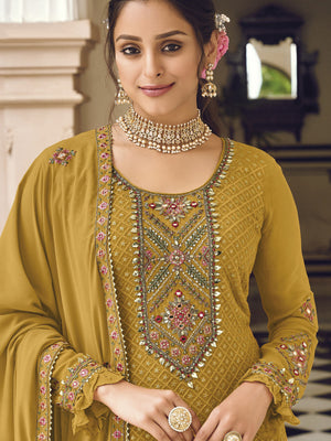 Rajwada Women Mustard Sequence Embroidered Georgette Salwar Semi Stitched Suit