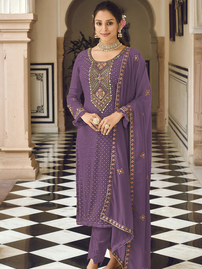 Rajwada Women Purple Sequence Embroidered Georgette Salwar Semi Stitched Suit