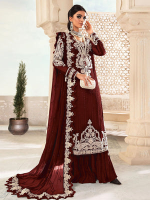 Rajwada Women Maroon Embroidered Georgette Partywear Semi Stitched Suit