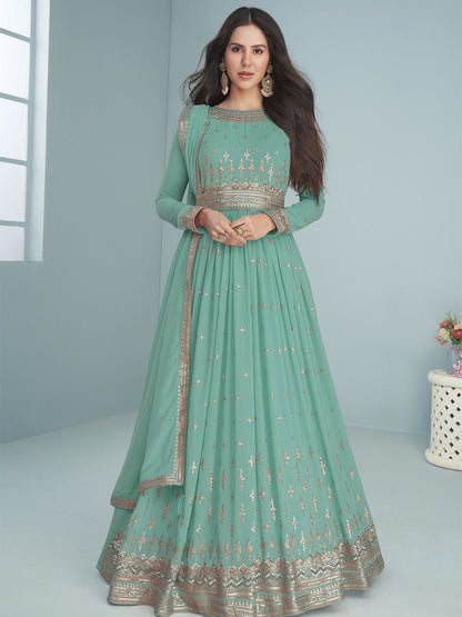 Rajwada Women Light Blue Floral Embroidered Georgette Semi Stitched Gown