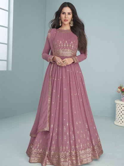 Rajwada Women Purple Floral Embroidered Georgette Semi Stitched Gown