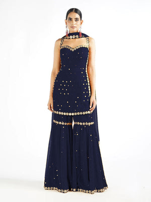 Rajwada Women Dark Blue Sequence Embroidered Georgette Semi Stitched Sharara Suit