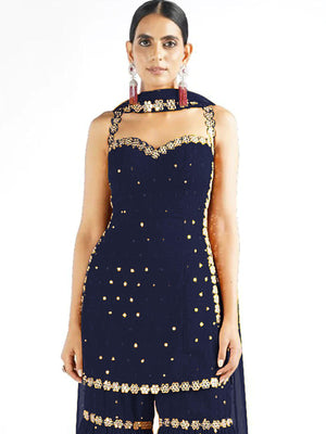 Rajwada Women Dark Blue Sequence Embroidered Georgette Semi Stitched Sharara Suit