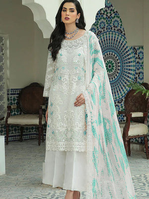 Rajwada Women White Floral Sequence Embroidered Work Georgette Semi Stitched Suit