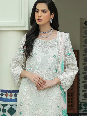 Rajwada Women White Floral Sequence Embroidered Work Georgette Semi Stitched Suit