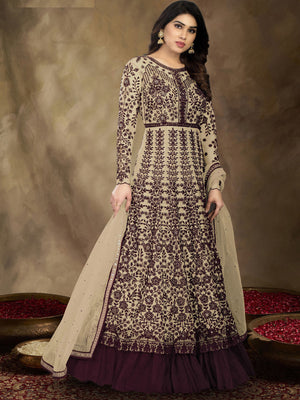 Rajwada Women Brown Colored Partywear Embroidered Netted Semi Stitched Anarkali Suit