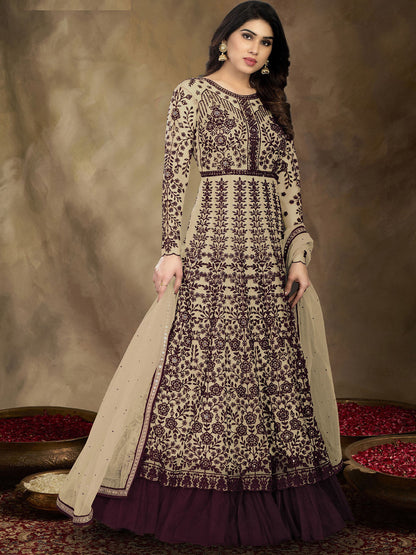 Rajwada Women Brown Colored Partywear Embroidered Netted Semi Stitched Anarkali Suit