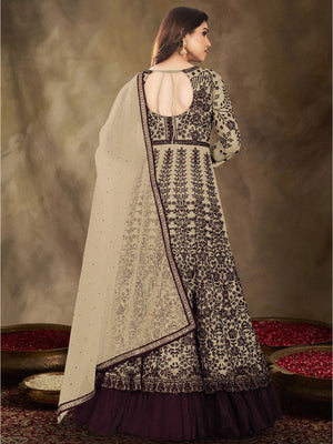 Rajwada Women Brown Colored Partywear Embroidered Netted Semi Stitched Anarkali Suit