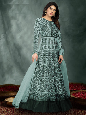 Rajwada Women Dark Green Colored Partywear Embroidered Netted Semi Stitched Anarkali Sui
