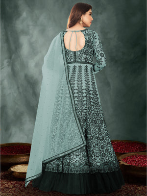 Rajwada Women Dark Green Colored Partywear Embroidered Netted Semi Stitched Anarkali Sui
