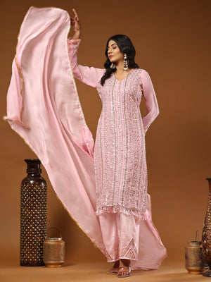 Rajwada Women Pink Embellished With Embroidered Georgette Semi Stitched Suit