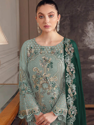 Rajwada Women Sea Green Embroidered Georgette Semi Stitched Salwar Suit