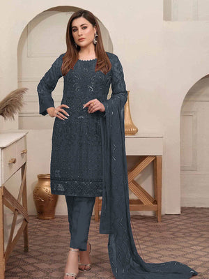 Rajwada Women Grey Embroidered Georgette Semi Stitched Salwar Suit