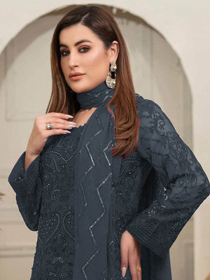 Rajwada Women Grey Embroidered Georgette Semi Stitched Salwar Suit