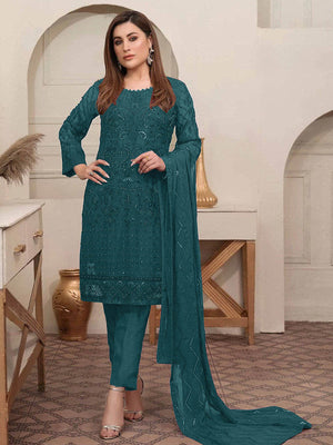 Rajwada Women Blue Embroidered Georgette Semi Stitched Salwar Suit