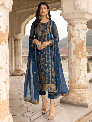 Rajwada Women Blue Embroidered Georgette Semi Stitched Salwar Suit