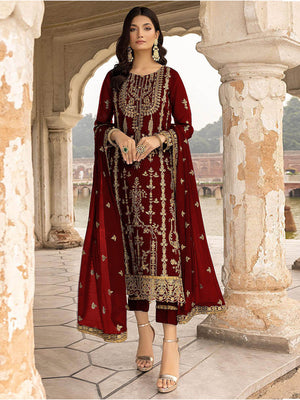 Rajwada Women Maroon Embroidered Georgette Semi Stitched Salwar Suit
