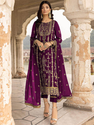 Rajwada Women Purple Embroidered Georgette Semi Stitched Salwar Suit