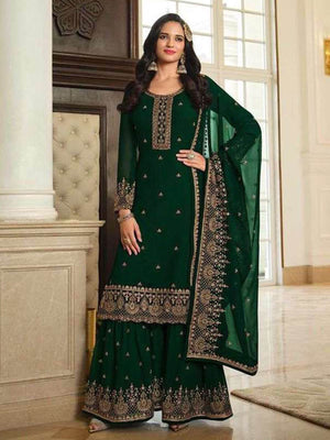 Rajwada Women Green Embroidered Georgette Sharara Style Semi-Stitched Salwar Suit