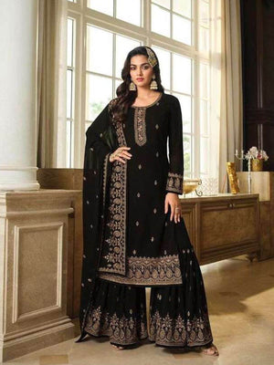 Rajwada Women Black Embroidered Georgette Sharara Style Semi-Stitched Salwar Suit