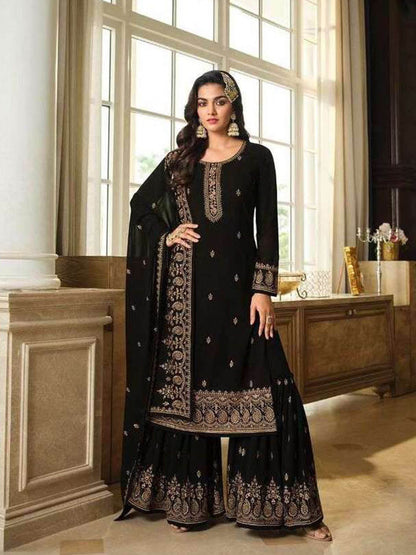Rajwada Women Black Embroidered Georgette Sharara Style Semi-Stitched Salwar Suit