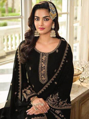 Rajwada Women Black Embroidered Georgette Sharara Style Semi-Stitched Salwar Suit