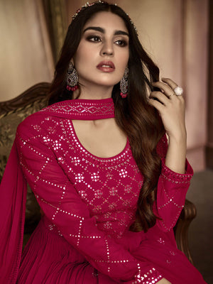 Rajwada Women Magenta Embroidered Georgette Semi Stitched Anarkali Suit