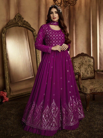 Rajwada Women Purple Embroidered Georgette Semi Stitched Gown