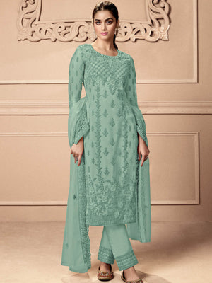 Rajwada Women Sea Green Embroidered Georgette Semi Stitched Palazzo Suit