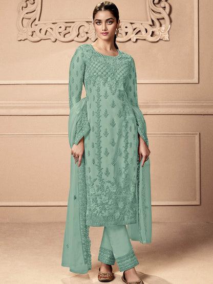 Rajwada Women Sea Green Embroidered Georgette Semi Stitched Palazzo Suit