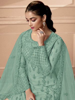 Rajwada Women Sea Green Embroidered Georgette Semi Stitched Palazzo Suit